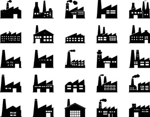 Twenty-five black and white silhouette illustrations of various industrial buildings with chimneys and smoke