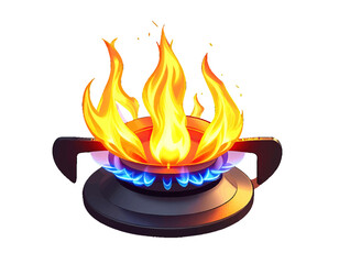 A colorful illustration of a lit stove burner, with flames radiating from the center in bright colors