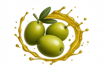 Green olives immersing into olive oil splash, liquid wave with natural fresh fruit for healthy cooking