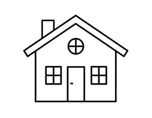 Simple line drawing of a house with a chimney, two windows, round window, and a door