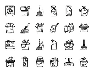 Collection of black and white line art illustrations of common cleaning tools, equipment, and supplies