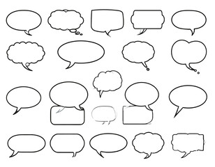 Twenty-one different speech bubbles, black outlines on a white background, each unique shape