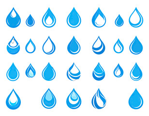 A collection of various stylized water droplets in shades of blue arranged on a white background