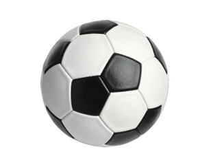 Fototapeta premium Isolated image of a soccer ball, featuring black and white pentagons and hexagons, centered on white backdrop
