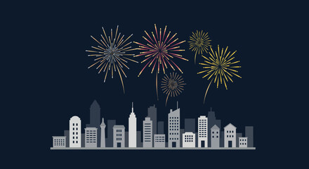 Fototapeta premium Colorful fireworks exploding over a modern city skyline at night, celebrating an event.