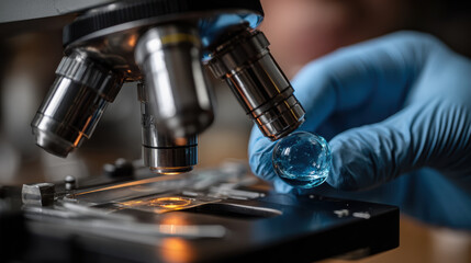 Fototapeta premium Close up of hand in blue glove holding liquid sample for science research and analysis on microscope in laboratory, showing concentration