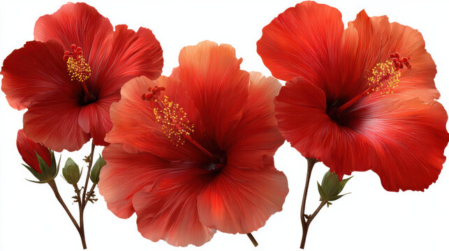 Vibrant red hibiscus flower cluster blooming. tropical floral botany isolated on white background with beautiful petal detail for freshness