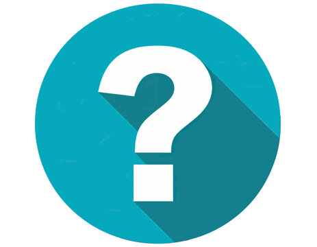 A white question mark with a shadow effect on a blue circular background, plain white background