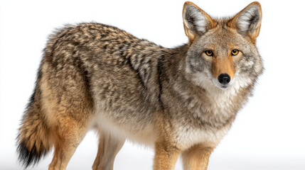 Obraz premium Full body beautiful coyote standing on white background. wild animal and canine predator with thick brown fur and cautious expression