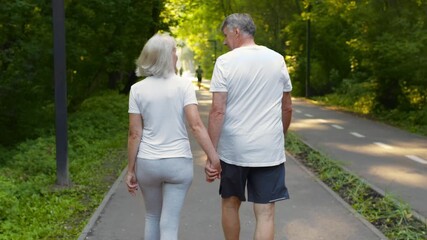 A senior couple in their 60s walks together in a lush green park, holding hands as they enjoy their exercise routine. The atmosphere is bright and inviting, showcasing their active lifestyle. - Powered by Adobe