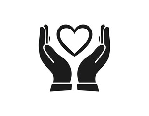 A black silhouette of two hands cupping a heart symbol, a symbol of love and support