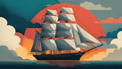 Tall ship sails on water, sunset and clouds in the sky