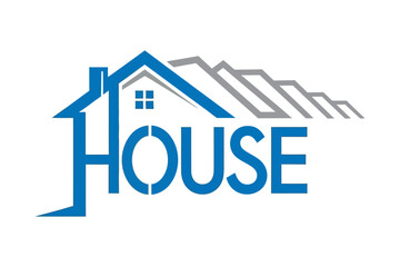 Modern house logo design with blue and gray architectural elements and the word house