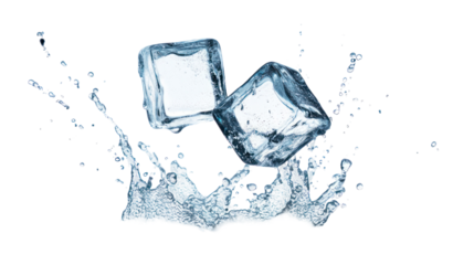 High-speed capture of ice cubes with coffee beans frozen in motion on transparent background