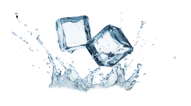 High-speed capture of ice cubes with coffee beans frozen in motion on transparent background