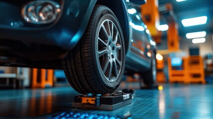 Close-up shot of a car's tire resting on an industrial machine within a repair garage