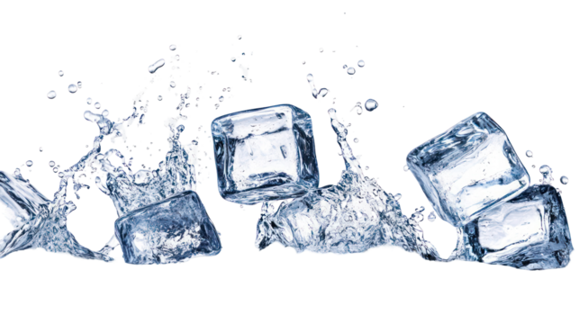 High-speed capture of ice cubes with coffee beans frozen in motion on transparent background