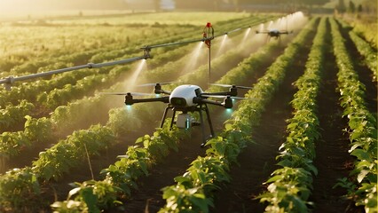 automated irrigation systems and drone surveillance over green fields 