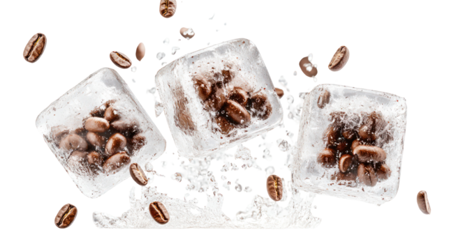 High-speed capture of ice cubes with coffee beans frozen in motion on transparent background