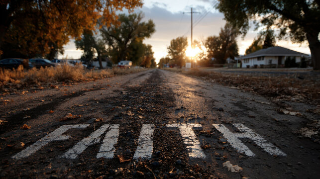 Word faith written on rural road during spiritual sunrise. An inspirational Christian message of hope and belief on country journey