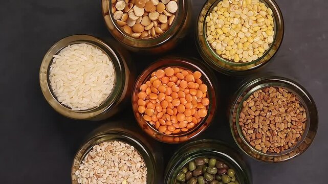 Variety of grains red green yellow dal rice sesame methi legumes in glass jars displayed on a dark black slate surface copy text space frame
