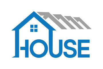 Modern house logo design with blue outline and stylized roof incorporating word house