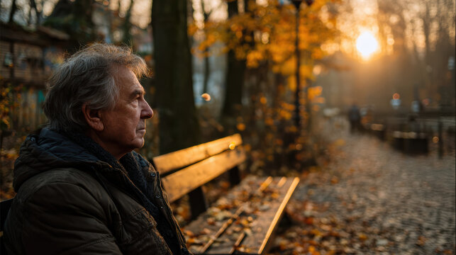 Lonely, thoughtful senior man sitting on park bench during beautiful autumn sunset. An elder person contemplating life in solitude outside - Powered by Adobe