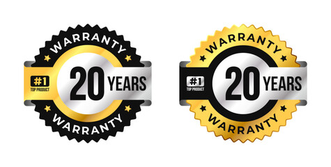 Premium 20 years warranty badge vector with black, gold and silver colors. Perfect for product guarantee, quality assurance, label, or certification design