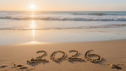 A serene sunrise scene with “2026” 
