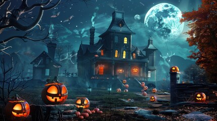 Halloween Haunted House Scene: Crafting Spooky, Immersive Atmospheres with Creepy Decor, Dim Lighting, and Themed Props – Featuring Ghostly Silhouettes, Cracked Walls, Hanging Cobwebs, and Eerie Sound