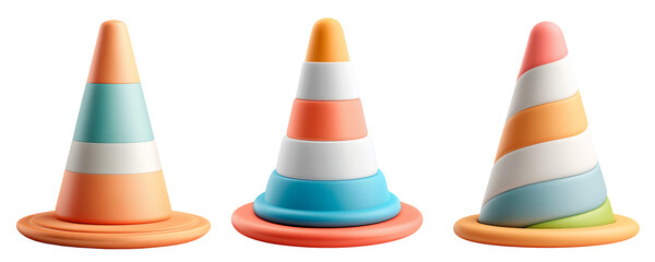 Playful Pastel Three Dimensional Traffic Cones on Transparent Background