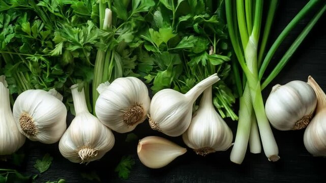 Fresh garlic bulbs with vibrant green herbs on a dark surface
