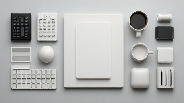Minimalist workspace arrangement showcasing a clean white desk with tech accessories, office supplies, and a coffee cup for a serene work environment