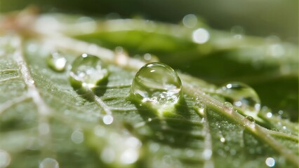 A macro shot of pure water droplets on green leaves
