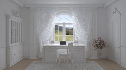 Elegant White Office with Scenic View, Featuring Modern Desk, Cozy Chair, Bright Curtains, and Natural Light in a Serene Environment Surrounded by Nature