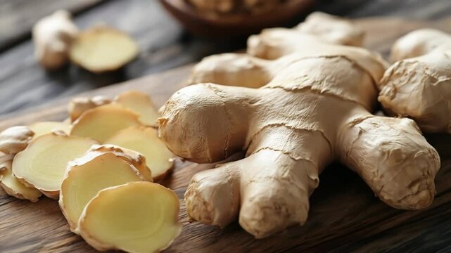Fresh ginger root and sliced pieces on wooden surface