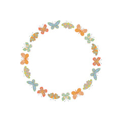 Groovy retro butterfly floral border in a colorful circle pattern. Vintage spring frame with y2k nature elements and decorative style for trendy, playful design accents.
