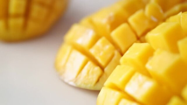 Close up view of fresh cut mango fruit showing vibrant yellow texture
