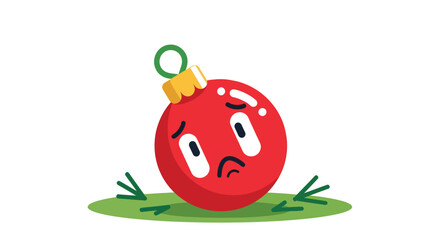 Sad red christmas ornament lying on the ground after falling from the tree, feeling dejected and lonely during the holiday season.