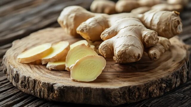 Fresh ginger root slices on wooden surface with natural texture