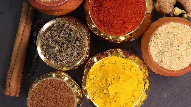 Overhead top view flat lay colourful array of spices herbs powder blue clay ceramic brass metal pot on dark black slate surface with a clean and neat appearance spice copy text space border frame