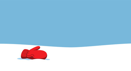 Red mitten lies alone on snowy hill under a bright blue sky, evoking a sense of winter solitude and loss.