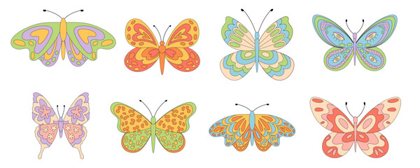 Obraz premium Groovy retro butterfly set in flat style, colorful and cute graphic. Funky y2k butterfly collection with groovy element, retro shapes and vibrant flat look. Modern, trendy perfect for playful