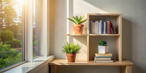 Simple bookshelf with a few books and a small potted plant placed on it, positioned near a window where sunlight filters in gently, home decor, books
