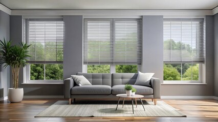 Fototapeta premium Modern Gray Roller Blind in Living Room with Shutters on Plastic Window, modern living room, minimalist furniture