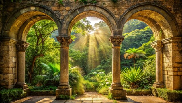 Ancient stone structure with two arches connected by a smaller arch at the top, surrounded by lush greenery and soft natural light filtering through , architectural wonders, natural beauty