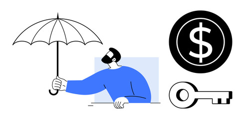 Man holding umbrella as tool for security, black dollar coin, and key symbolizing financial stability. Ideal for insurance, financial planning, personal safety, wealth management, savings