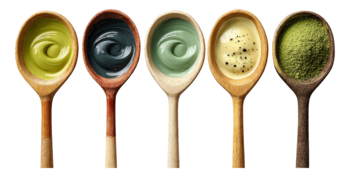 Colorful Wooden Spoons with Unique Ingredients on Isolated Transparent Background