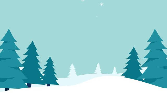 Minimal flat winter landscape animation featuring snowy hills, pine trees, and pastel foliage. Perfect for Christmas greetings, seasonal backgrounds, or festive promotional videos.