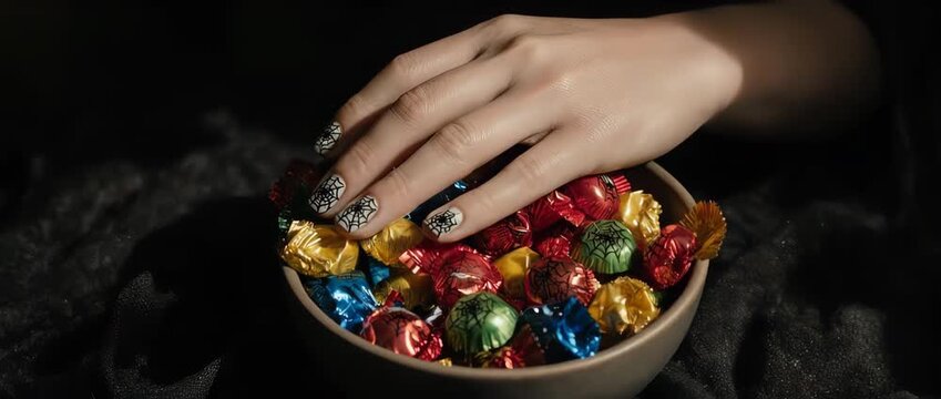 Elegant hand displays Halloween spiderweb nail art over colorful candy, a stylish spooky season celebration perfect for beauty and fashion content